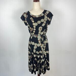 Vintage Lauren Ralph Lauren Black Turquoise Concho Belt Print Jersey Dress LARGE